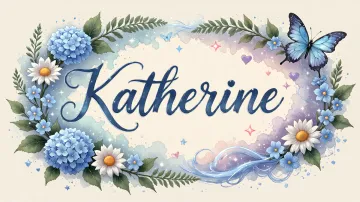 Katherine horizontal diseño 4 - Composición magica con nombre en letra cursiva azul, rodeado de hortensias azules, margaritas blancas y delicadas flores silvestres, enmarcado por suaves remolinos de agua, mariposas azules y destellos estelares sobre un fondo etéreo y romántico.