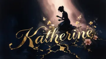Katherine horizontal diseño 6 - Composición de ilustración semirrealista cinematográfica con silueta femenina tejiendo un hilo dorado de luz sobre un suelo oscuro fracturado al estilo Kintsugi, donde el nombre resalta en un prominente guión caligráfico dorado que emerge de las grietas, rodeado de flores blancas, mariposas y un fondo degradado de azules profundos iluminado por una luz celestial en tonos melocotón y crema, con una frase de aliento en tipografía blanca en la parte inferior.