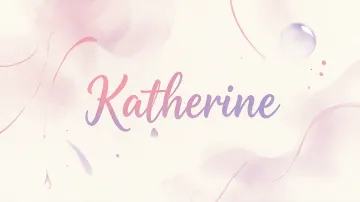 Katherine horizontal diseño 7 - Diseño abstracto en acuarela sobre fondo crema, con manchas fluidas y etéreas en rosa pastel y lila, líneas curvas que aportan movimiento, pequeñas gotas salpicadas cayendo verticalmente y una burbuja translúcida en la parte superior izquierda. El nombre resalta al centro con una tipografía cursiva amplia y elegante en degradado rosa a morado.