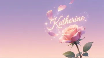 Katherine horizontal diseño 8 - Fondo de Pantalla con degradado suave que transiciona de lila en la parte superior a melocotón y rosa pastel en la base, destacando una rosa rosada hiperrealista con tallo y hojas verdes. El nombre brilla en tipografía cursiva con efecto neón cálido, adornado con pétalos cayendo y chispas de luz mágica.
