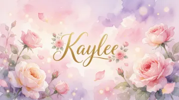 Kaylee horizontal diseño 10 - Diseño estilo acuarela con un fondo etéreo y texturizado en nubes de tonos rosa pastel y lila suave. Presenta composiciones de rosas abiertas y capullos en los bordes inferior y superior, con pétalos cayendo delicadamente. Incorpora destellos de luz cálida (efecto bokeh) y, en el centro, resalta una tipografía elegante, cursiva y fluida en color dorado.