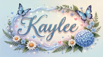 Kaylee horizontal diseño 4 - Composición magica con nombre en letra cursiva azul, rodeado de hortensias azules, margaritas blancas y delicadas flores silvestres, enmarcado por suaves remolinos de agua, mariposas azules y destellos estelares sobre un fondo etéreo y romántico.