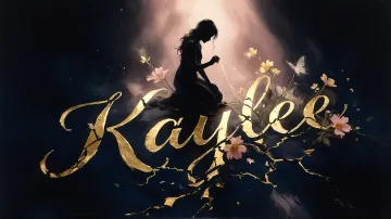 Kaylee horizontal diseño 6 - Composición de ilustración semirrealista cinematográfica con silueta femenina tejiendo un hilo dorado de luz sobre un suelo oscuro fracturado al estilo Kintsugi, donde el nombre resalta en un prominente guión caligráfico dorado que emerge de las grietas, rodeado de flores blancas, mariposas y un fondo degradado de azules profundos iluminado por una luz celestial en tonos melocotón y crema, con una frase de aliento en tipografía blanca en la parte inferior.