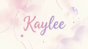 Kaylee horizontal diseño 7 - Diseño abstracto en acuarela sobre fondo crema, con manchas fluidas y etéreas en rosa pastel y lila, líneas curvas que aportan movimiento, pequeñas gotas salpicadas cayendo verticalmente y una burbuja translúcida en la parte superior izquierda. El nombre resalta al centro con una tipografía cursiva amplia y elegante en degradado rosa a morado.