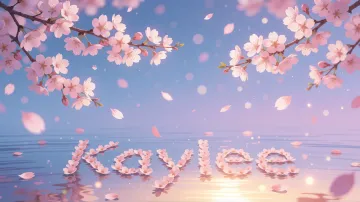 Kaylee horizontal diseño 9 - Composición serena y onírica con ramas de cerezo en flor (sakura) en la parte superior contra un cielo en degradado de azul suave y lila. Pétalos de color rosa pastel flotan delicadamente en el aire cayendo hacia una superficie de agua tranquila y cristalina. En el centro inferior, el nombre está formado por pétalos de flores con un sutil efecto de relieve 3D y tipografía floral, reflejándose sobre el agua que está iluminada por un cálido destello dorado de luz solar en la esquina inferior derecha.
