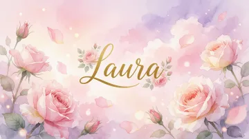Laura horizontal diseño 10 - Diseño estilo acuarela con un fondo etéreo y texturizado en nubes de tonos rosa pastel y lila suave. Presenta composiciones de rosas abiertas y capullos en los bordes inferior y superior, con pétalos cayendo delicadamente. Incorpora destellos de luz cálida (efecto bokeh) y, en el centro, resalta una tipografía elegante, cursiva y fluida en color dorado.