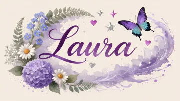 Laura horizontal diseño 2 - Diseño elegante de hortensias en tonos lila y morados suaves, con volutas estilizadas y una mariposa mística que aporta un toque etéreo y mágico.