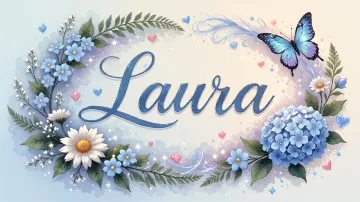 Laura horizontal diseño 4 - Composición magica con nombre en letra cursiva azul, rodeado de hortensias azules, margaritas blancas y delicadas flores silvestres, enmarcado por suaves remolinos de agua, mariposas azules y destellos estelares sobre un fondo etéreo y romántico.