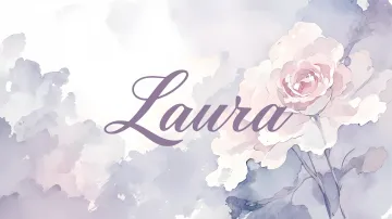 Laura horizontal diseño 5 - Nombre en elegante tipografía cursiva caligráfica en tono lavanda, sobre fondo acuarela de cielo nublado en tonos pastel (azul, blanco, lavanda), decorado con rosa en acuarela de pétalos rosa pálido, blanco crema y lilas suaves con hojas en gris-verde.