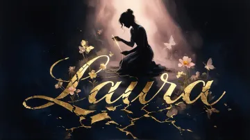 Laura horizontal diseño 6 - Composición de ilustración semirrealista cinematográfica con silueta femenina tejiendo un hilo dorado de luz sobre un suelo oscuro fracturado al estilo Kintsugi, donde el nombre resalta en un prominente guión caligráfico dorado que emerge de las grietas, rodeado de flores blancas, mariposas y un fondo degradado de azules profundos iluminado por una luz celestial en tonos melocotón y crema, con una frase de aliento en tipografía blanca en la parte inferior.