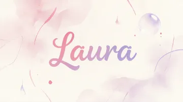 Laura horizontal diseño 7 - Diseño abstracto en acuarela sobre fondo crema, con manchas fluidas y etéreas en rosa pastel y lila, líneas curvas que aportan movimiento, pequeñas gotas salpicadas cayendo verticalmente y una burbuja translúcida en la parte superior izquierda. El nombre resalta al centro con una tipografía cursiva amplia y elegante en degradado rosa a morado.