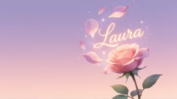 Laura horizontal diseño 8 - Fondo de Pantalla con degradado suave que transiciona de lila en la parte superior a melocotón y rosa pastel en la base, destacando una rosa rosada hiperrealista con tallo y hojas verdes. El nombre brilla en tipografía cursiva con efecto neón cálido, adornado con pétalos cayendo y chispas de luz mágica.