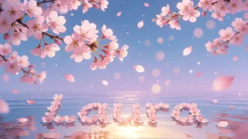 Laura horizontal diseño 9 - Composición serena y onírica con ramas de cerezo en flor (sakura) en la parte superior contra un cielo en degradado de azul suave y lila. Pétalos de color rosa pastel flotan delicadamente en el aire cayendo hacia una superficie de agua tranquila y cristalina. En el centro inferior, el nombre está formado por pétalos de flores con un sutil efecto de relieve 3D y tipografía floral, reflejándose sobre el agua que está iluminada por un cálido destello dorado de luz solar en la esquina inferior derecha.