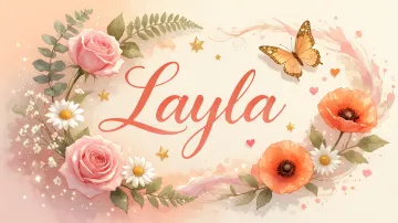 Layla horizontal diseño 3 - Elegante composición de rosas rosadas y amapolas naranjas con mariposas doradas brillantes sobre un fondo cálido, romántico y mágico.