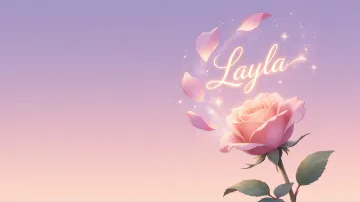 Layla horizontal diseño 8 - Fondo de Pantalla con degradado suave que transiciona de lila en la parte superior a melocotón y rosa pastel en la base, destacando una rosa rosada hiperrealista con tallo y hojas verdes. El nombre brilla en tipografía cursiva con efecto neón cálido, adornado con pétalos cayendo y chispas de luz mágica.