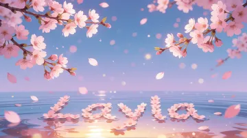 Layla horizontal diseño 9 - Composición serena y onírica con ramas de cerezo en flor (sakura) en la parte superior contra un cielo en degradado de azul suave y lila. Pétalos de color rosa pastel flotan delicadamente en el aire cayendo hacia una superficie de agua tranquila y cristalina. En el centro inferior, el nombre está formado por pétalos de flores con un sutil efecto de relieve 3D y tipografía floral, reflejándose sobre el agua que está iluminada por un cálido destello dorado de luz solar en la esquina inferior derecha.
