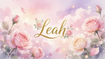 Leah horizontal diseño 10 - Diseño estilo acuarela con un fondo etéreo y texturizado en nubes de tonos rosa pastel y lila suave. Presenta composiciones de rosas abiertas y capullos en los bordes inferior y superior, con pétalos cayendo delicadamente. Incorpora destellos de luz cálida (efecto bokeh) y, en el centro, resalta una tipografía elegante, cursiva y fluida en color dorado.