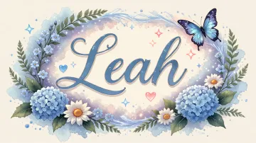 Leah horizontal diseño 4 - Composición magica con nombre en letra cursiva azul, rodeado de hortensias azules, margaritas blancas y delicadas flores silvestres, enmarcado por suaves remolinos de agua, mariposas azules y destellos estelares sobre un fondo etéreo y romántico.