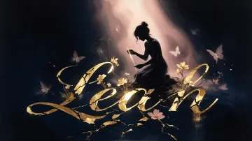 Leah horizontal diseño 6 - Composición de ilustración semirrealista cinematográfica con silueta femenina tejiendo un hilo dorado de luz sobre un suelo oscuro fracturado al estilo Kintsugi, donde el nombre resalta en un prominente guión caligráfico dorado que emerge de las grietas, rodeado de flores blancas, mariposas y un fondo degradado de azules profundos iluminado por una luz celestial en tonos melocotón y crema, con una frase de aliento en tipografía blanca en la parte inferior.
