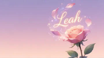 Leah horizontal diseño 8 - Fondo de Pantalla con degradado suave que transiciona de lila en la parte superior a melocotón y rosa pastel en la base, destacando una rosa rosada hiperrealista con tallo y hojas verdes. El nombre brilla en tipografía cursiva con efecto neón cálido, adornado con pétalos cayendo y chispas de luz mágica.