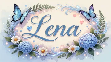Lena horizontal diseño 4 - Composición magica con nombre en letra cursiva azul, rodeado de hortensias azules, margaritas blancas y delicadas flores silvestres, enmarcado por suaves remolinos de agua, mariposas azules y destellos estelares sobre un fondo etéreo y romántico.
