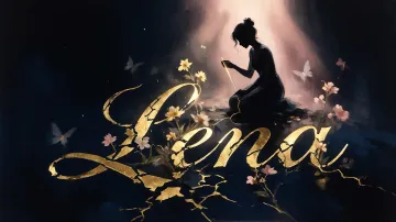 Lena horizontal diseño 6 - Composición de ilustración semirrealista cinematográfica con silueta femenina tejiendo un hilo dorado de luz sobre un suelo oscuro fracturado al estilo Kintsugi, donde el nombre resalta en un prominente guión caligráfico dorado que emerge de las grietas, rodeado de flores blancas, mariposas y un fondo degradado de azules profundos iluminado por una luz celestial en tonos melocotón y crema, con una frase de aliento en tipografía blanca en la parte inferior.