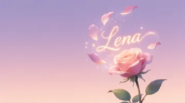 Lena horizontal diseño 8 - Fondo de Pantalla con degradado suave que transiciona de lila en la parte superior a melocotón y rosa pastel en la base, destacando una rosa rosada hiperrealista con tallo y hojas verdes. El nombre brilla en tipografía cursiva con efecto neón cálido, adornado con pétalos cayendo y chispas de luz mágica.