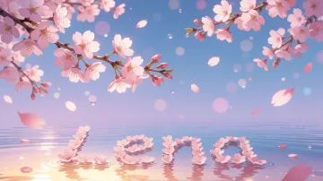 Lena horizontal diseño 9 - Composición serena y onírica con ramas de cerezo en flor (sakura) en la parte superior contra un cielo en degradado de azul suave y lila. Pétalos de color rosa pastel flotan delicadamente en el aire cayendo hacia una superficie de agua tranquila y cristalina. En el centro inferior, el nombre está formado por pétalos de flores con un sutil efecto de relieve 3D y tipografía floral, reflejándose sobre el agua que está iluminada por un cálido destello dorado de luz solar en la esquina inferior derecha.