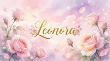 Leonora horizontal diseño 10 - Diseño estilo acuarela con un fondo etéreo y texturizado en nubes de tonos rosa pastel y lila suave. Presenta composiciones de rosas abiertas y capullos en los bordes inferior y superior, con pétalos cayendo delicadamente. Incorpora destellos de luz cálida (efecto bokeh) y, en el centro, resalta una tipografía elegante, cursiva y fluida en color dorado.