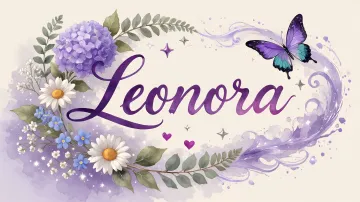 Leonora horizontal diseño 2 - Diseño elegante de hortensias en tonos lila y morados suaves, con volutas estilizadas y una mariposa mística que aporta un toque etéreo y mágico.