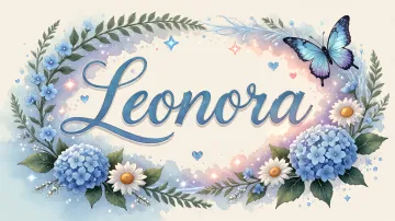 Leonora horizontal diseño 4 - Composición magica con nombre en letra cursiva azul, rodeado de hortensias azules, margaritas blancas y delicadas flores silvestres, enmarcado por suaves remolinos de agua, mariposas azules y destellos estelares sobre un fondo etéreo y romántico.
