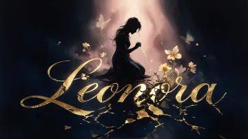 Leonora horizontal diseño 6 - Composición de ilustración semirrealista cinematográfica con silueta femenina tejiendo un hilo dorado de luz sobre un suelo oscuro fracturado al estilo Kintsugi, donde el nombre resalta en un prominente guión caligráfico dorado que emerge de las grietas, rodeado de flores blancas, mariposas y un fondo degradado de azules profundos iluminado por una luz celestial en tonos melocotón y crema, con una frase de aliento en tipografía blanca en la parte inferior.