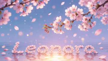 Leonora horizontal diseño 9 - Composición serena y onírica con ramas de cerezo en flor (sakura) en la parte superior contra un cielo en degradado de azul suave y lila. Pétalos de color rosa pastel flotan delicadamente en el aire cayendo hacia una superficie de agua tranquila y cristalina. En el centro inferior, el nombre está formado por pétalos de flores con un sutil efecto de relieve 3D y tipografía floral, reflejándose sobre el agua que está iluminada por un cálido destello dorado de luz solar en la esquina inferior derecha.