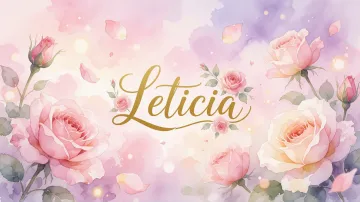 Leticia horizontal diseño 10 - Diseño estilo acuarela con un fondo etéreo y texturizado en nubes de tonos rosa pastel y lila suave. Presenta composiciones de rosas abiertas y capullos en los bordes inferior y superior, con pétalos cayendo delicadamente. Incorpora destellos de luz cálida (efecto bokeh) y, en el centro, resalta una tipografía elegante, cursiva y fluida en color dorado.