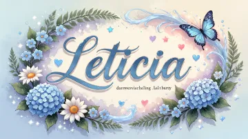 Leticia horizontal diseño 4 - Composición magica con nombre en letra cursiva azul, rodeado de hortensias azules, margaritas blancas y delicadas flores silvestres, enmarcado por suaves remolinos de agua, mariposas azules y destellos estelares sobre un fondo etéreo y romántico.