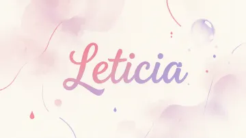 Leticia horizontal diseño 7 - Diseño abstracto en acuarela sobre fondo crema, con manchas fluidas y etéreas en rosa pastel y lila, líneas curvas que aportan movimiento, pequeñas gotas salpicadas cayendo verticalmente y una burbuja translúcida en la parte superior izquierda. El nombre resalta al centro con una tipografía cursiva amplia y elegante en degradado rosa a morado.