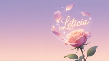 Leticia horizontal diseño 8 - Fondo de Pantalla con degradado suave que transiciona de lila en la parte superior a melocotón y rosa pastel en la base, destacando una rosa rosada hiperrealista con tallo y hojas verdes. El nombre brilla en tipografía cursiva con efecto neón cálido, adornado con pétalos cayendo y chispas de luz mágica.