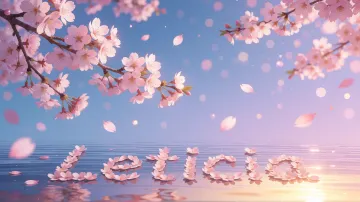 Leticia horizontal diseño 9 - Composición serena y onírica con ramas de cerezo en flor (sakura) en la parte superior contra un cielo en degradado de azul suave y lila. Pétalos de color rosa pastel flotan delicadamente en el aire cayendo hacia una superficie de agua tranquila y cristalina. En el centro inferior, el nombre está formado por pétalos de flores con un sutil efecto de relieve 3D y tipografía floral, reflejándose sobre el agua que está iluminada por un cálido destello dorado de luz solar en la esquina inferior derecha.