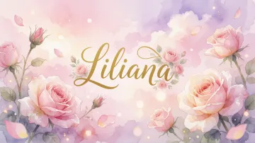 Liliana horizontal diseño 10 - Diseño estilo acuarela con un fondo etéreo y texturizado en nubes de tonos rosa pastel y lila suave. Presenta composiciones de rosas abiertas y capullos en los bordes inferior y superior, con pétalos cayendo delicadamente. Incorpora destellos de luz cálida (efecto bokeh) y, en el centro, resalta una tipografía elegante, cursiva y fluida en color dorado.