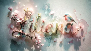 Liliana horizontal diseño 11 - Un delicado diseño de estilo acuarela digital que combina una tipografía de caligrafía personalizada para el nombre en tonos dorados y rosados suaves, adornada con pequeñas hojas y brotes. Un pajarito azul y naranja vibrante está posado en una de las letras. Todo está rodeado por un marco circular de ramas de cerezo en flor con delicadas flores rosadas y blancas. El fondo es un lavado de acuarela difuminado en tonos pastel suaves de azul cerceta, rosa rubor y melocotón sobre una textura de papel rugoso, con destellos luminosos y motas de luz bokeh flotando alrededor, creando una atmósfera mágica y soñadora. Las sombras suaves proyectadas añaden profundidad.