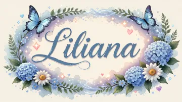 Liliana horizontal diseño 4 - Composición magica con nombre en letra cursiva azul, rodeado de hortensias azules, margaritas blancas y delicadas flores silvestres, enmarcado por suaves remolinos de agua, mariposas azules y destellos estelares sobre un fondo etéreo y romántico.