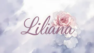 Liliana horizontal diseño 5 - Nombre en elegante tipografía cursiva caligráfica en tono lavanda, sobre fondo acuarela de cielo nublado en tonos pastel (azul, blanco, lavanda), decorado con rosa en acuarela de pétalos rosa pálido, blanco crema y lilas suaves con hojas en gris-verde.