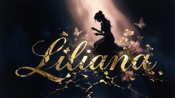 Liliana horizontal diseño 6 - Composición de ilustración semirrealista cinematográfica con silueta femenina tejiendo un hilo dorado de luz sobre un suelo oscuro fracturado al estilo Kintsugi, donde el nombre resalta en un prominente guión caligráfico dorado que emerge de las grietas, rodeado de flores blancas, mariposas y un fondo degradado de azules profundos iluminado por una luz celestial en tonos melocotón y crema, con una frase de aliento en tipografía blanca en la parte inferior.