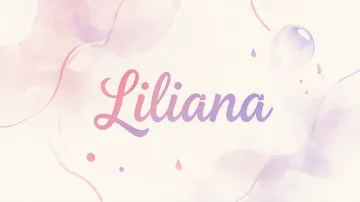 Liliana horizontal diseño 7 - Diseño abstracto en acuarela sobre fondo crema, con manchas fluidas y etéreas en rosa pastel y lila, líneas curvas que aportan movimiento, pequeñas gotas salpicadas cayendo verticalmente y una burbuja translúcida en la parte superior izquierda. El nombre resalta al centro con una tipografía cursiva amplia y elegante en degradado rosa a morado.