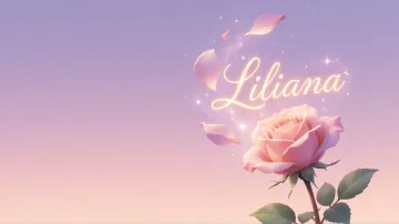 Liliana horizontal diseño 8 - Fondo de Pantalla con degradado suave que transiciona de lila en la parte superior a melocotón y rosa pastel en la base, destacando una rosa rosada hiperrealista con tallo y hojas verdes. El nombre brilla en tipografía cursiva con efecto neón cálido, adornado con pétalos cayendo y chispas de luz mágica.
