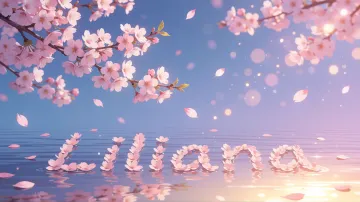Liliana horizontal diseño 9 - Composición serena y onírica con ramas de cerezo en flor (sakura) en la parte superior contra un cielo en degradado de azul suave y lila. Pétalos de color rosa pastel flotan delicadamente en el aire cayendo hacia una superficie de agua tranquila y cristalina. En el centro inferior, el nombre está formado por pétalos de flores con un sutil efecto de relieve 3D y tipografía floral, reflejándose sobre el agua que está iluminada por un cálido destello dorado de luz solar en la esquina inferior derecha.