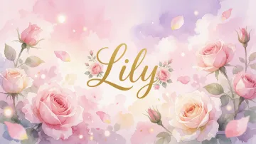 Lily horizontal diseño 10 - Diseño estilo acuarela con un fondo etéreo y texturizado en nubes de tonos rosa pastel y lila suave. Presenta composiciones de rosas abiertas y capullos en los bordes inferior y superior, con pétalos cayendo delicadamente. Incorpora destellos de luz cálida (efecto bokeh) y, en el centro, resalta una tipografía elegante, cursiva y fluida en color dorado.