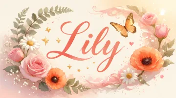 Lily horizontal diseño 3 - Elegante composición de rosas rosadas y amapolas naranjas con mariposas doradas brillantes sobre un fondo cálido, romántico y mágico.