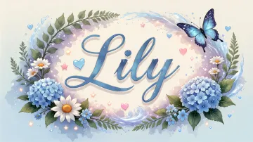 Lily horizontal diseño 4 - Composición magica con nombre en letra cursiva azul, rodeado de hortensias azules, margaritas blancas y delicadas flores silvestres, enmarcado por suaves remolinos de agua, mariposas azules y destellos estelares sobre un fondo etéreo y romántico.