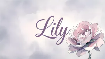 Lily horizontal diseño 5 - Nombre en elegante tipografía cursiva caligráfica en tono lavanda, sobre fondo acuarela de cielo nublado en tonos pastel (azul, blanco, lavanda), decorado con rosa en acuarela de pétalos rosa pálido, blanco crema y lilas suaves con hojas en gris-verde.